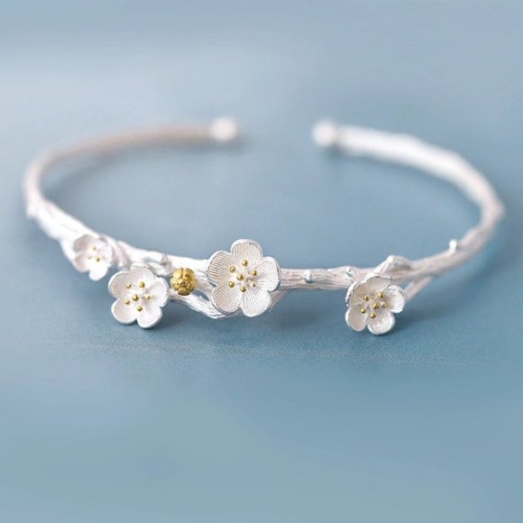 NEW 925 Sterling Silver Flower Cuff Bangle - Picture 1 of 5